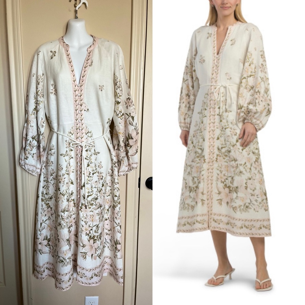 Calypso St. Barth Linen Blend Floral Printed Long Sleeve Maxi Dress Rope Belt S